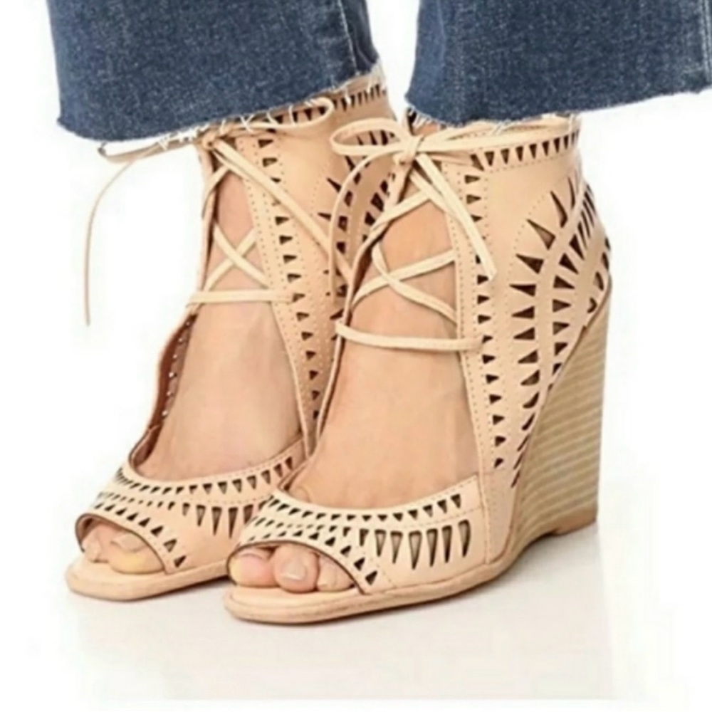 Jeffrey Campbell Rodillo Tan Wedge Booties with Peep-Toe size 11